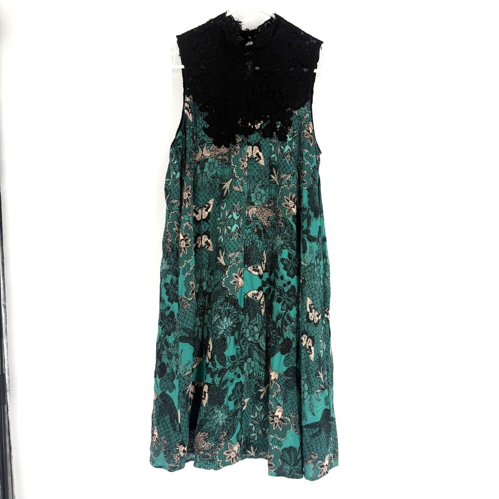 Anthropologie Maeve Butterfly Lace High Neck Swing Lined Dress S Pockets Teal